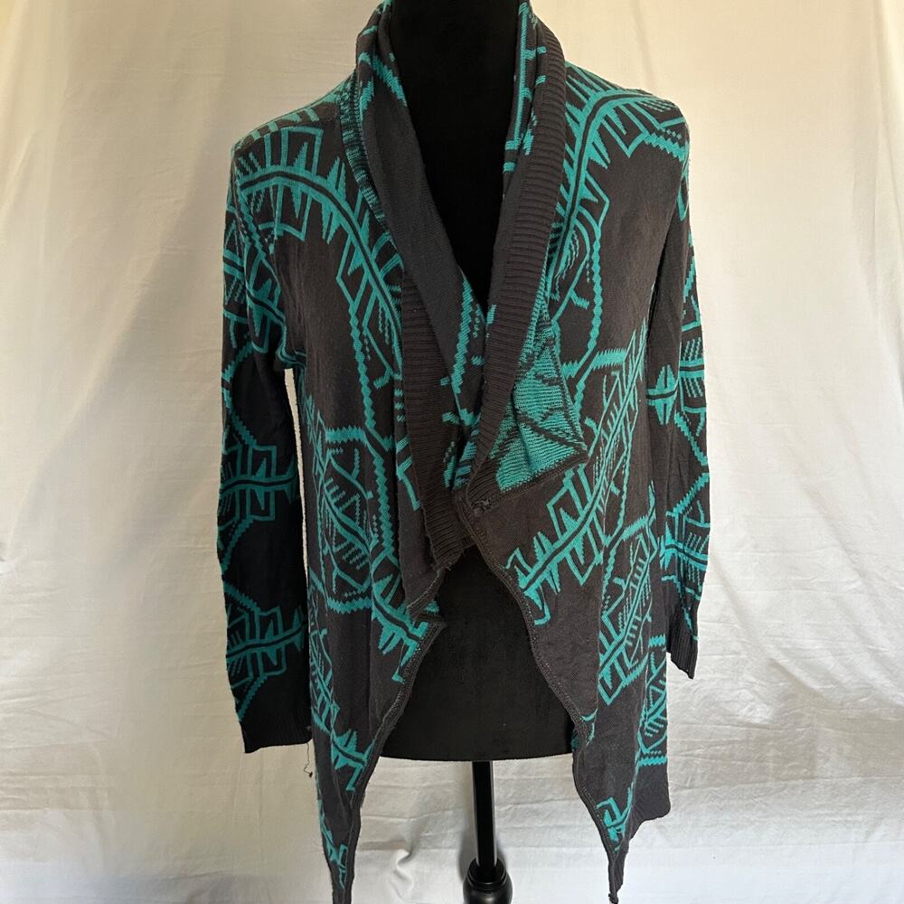 Vintage Charlotte Russe Cardigan Sweater Geometric Pattern Teal/Gray Size Medium